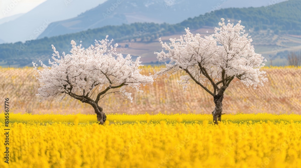 Almond trees in full bloom amidst a golden rapeseed field during the spring season