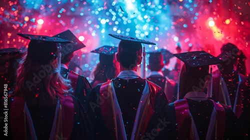 Group of graduates in traditional robes with digital accents, celebrating with holographic confetti and neon lights, Mixed Media, Neon
