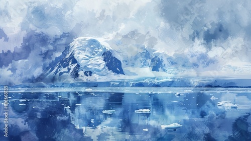 Impressionism of a serene yet ominous Antarctic scene, hinting at hidden volcanic activity, in a soft, watercolor tone