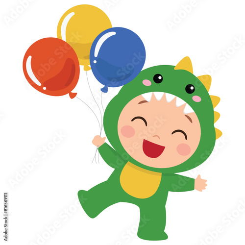Cute baby boy in dinosaurs costume with balloons
