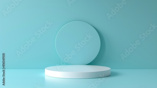 Minimalist white 3D podium platform on pastel blue background for product presentation. Advertising template