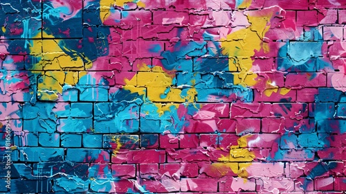 A brick wall painted with blue, yellow, white, and pink spray paint