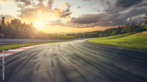Empty race track with sunset sky ,generative ai photo