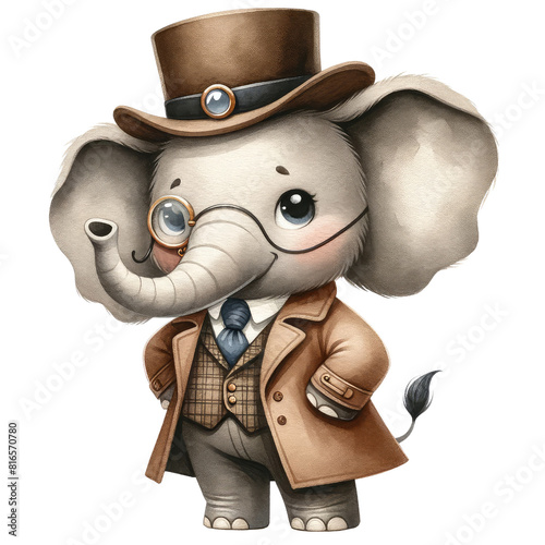 A distinguished elephant gentleman is wearing a top hat and monocle photo