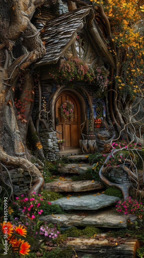 Obraz premium Enchanted forest cottage amongst autumn trees