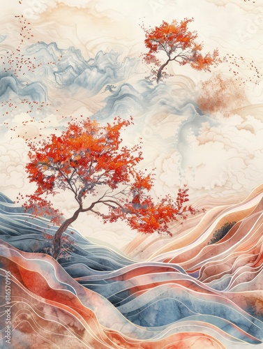 3d wallpaper background with watercolor waves and tree.