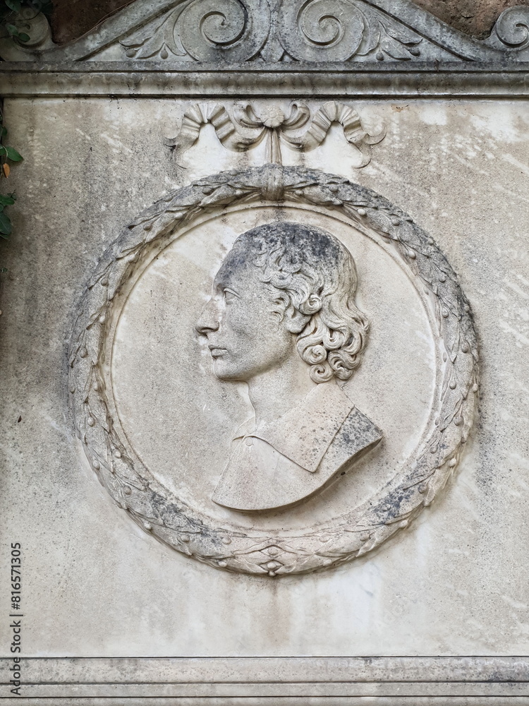 Sculpted Memorial Plaque with Relief Depicting John Keats at the Protestant Cemetery in Rome, Italy Sculpted Memorial Plaque with Relief Depicting John Keats at the Protestant Cemetery in Rome, Italy