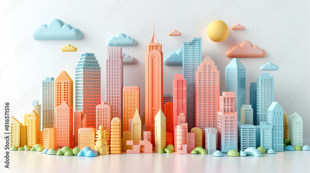 Fototapeta premium City square and skyline with modern buildings scenery. Futuristic isometric 3d cityscape. Futuristic city. 3D City on White Background. A beautiful utopian city floating in the sky. city view. 
