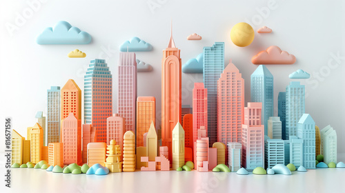 City square and skyline with modern buildings scenery. Futuristic isometric 3d cityscape. Futuristic city. 3D City on White Background. A beautiful utopian city floating in the sky. city view. 