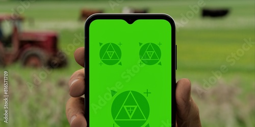 Hand holding a phone with a green screen against a farm backdrop