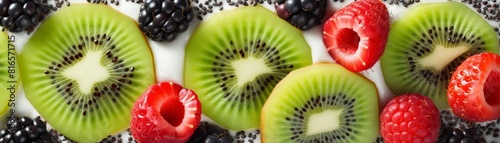 A close up of a variety of fruits including blackberries, raspberries, and kiwi