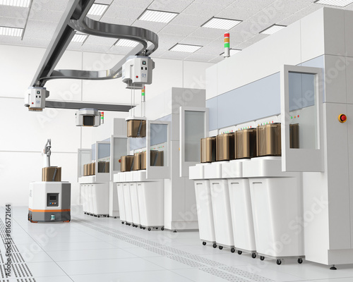 Semiconduct Wafer Cleaning, Etching system and OHT, AGV in Fab cleanroom. Generic design. 3D rendering image.