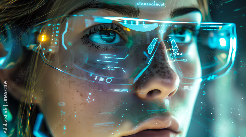 custom made wallpaper toronto digitalA woman wears digital glasses and gazes at a holographic display. Futuristic technology and innovation. Generative AI.