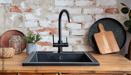 Vertical shot of black ceramic sink with faucet in loft interior in kitchen