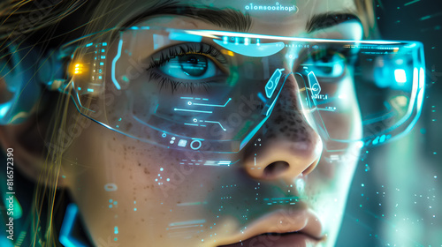 Wallpaper Mural A woman wears digital glasses and gazes at a holographic display. Futuristic technology and innovation. Generative AI. Torontodigital.ca