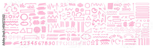 Hand drawn marker strokes. Pink marker stroke lines, markers stripes and highlight elements, permanent marker signs