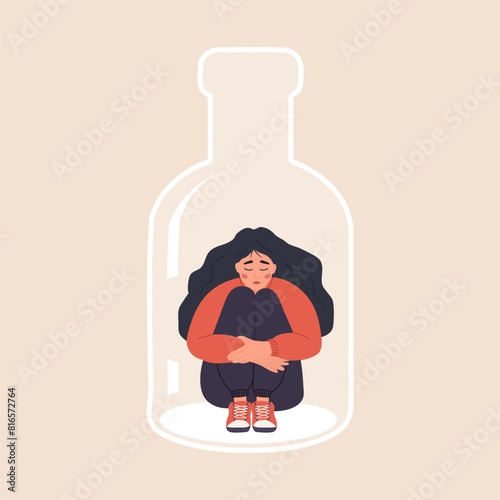Alcoholism concept. Depressed Woman sitting on bottom of bottle and hugging her knees. Girl with Pernicious Habits Addiction and Substance Abuse. Vector illustration in flat cartoon style.