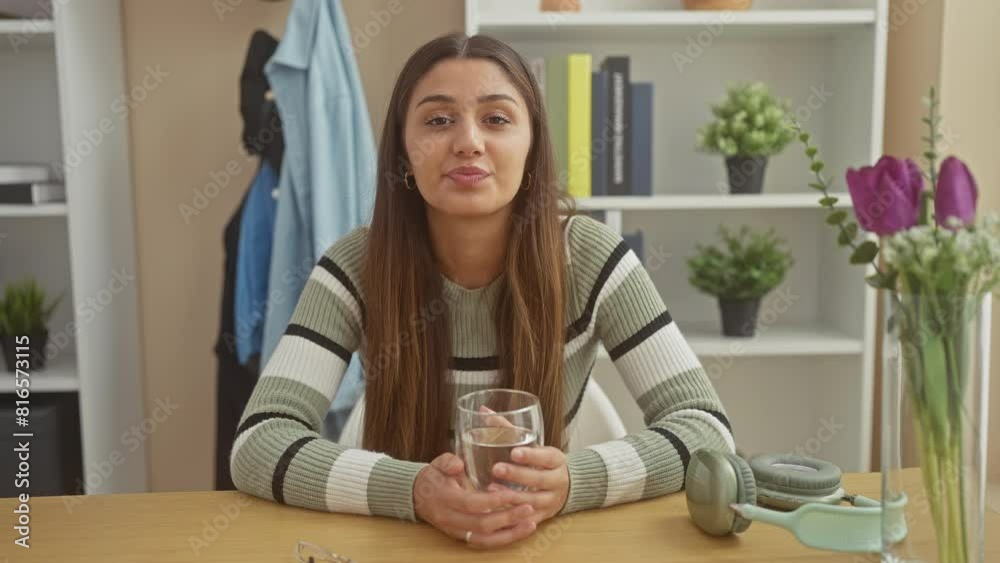 Young hispanic woman holding a glass of water sitting at a table with flowers and headphones at home. Young hispanic woman holding a glass of water sitting at a table with flowers and headphones at home.