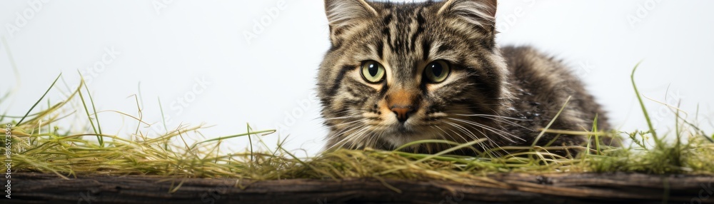 A cute cat is hiding in the grass and looking at the camera.