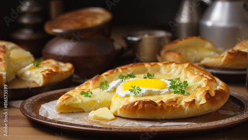 There is a round flatbread with a hole in the middle and an egg in the hole. The bread is on a wooden table.