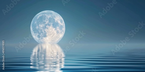 Full moon reflection on water surface on blue background.