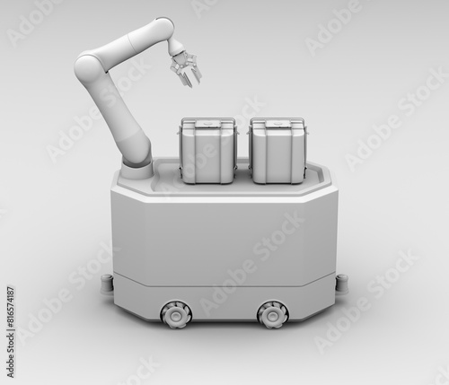 Clay rendering of AGV carrying Semiconductor Foup on gray background. 3D rendering image.