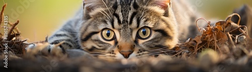 A cute tabby cat is hiding in the woods.