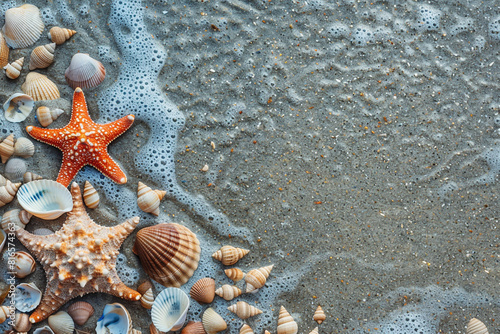 top view starfish and seashell on beach sand, the summer beach in sea water