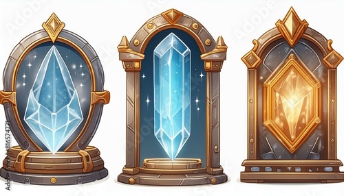 Vintage glass or gemstone crystal portals isolated on white background. Modern cartoon illustration of witchcraft supply, fortune telling instrument in golden, silver, or wooden frames