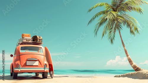 Vintage car with luggage and surfboard on the beach, palm tree, blue sky. Summer vacation concept © Mangata Imagine