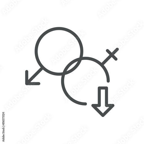 Decreased Sexual Desire Icon. Vector Line Art Illustration of Male and Female Symbols with Downward Arrows, Representing Lowered Libido and Sexual Discomfort. Isolated Outline Medical Sign.