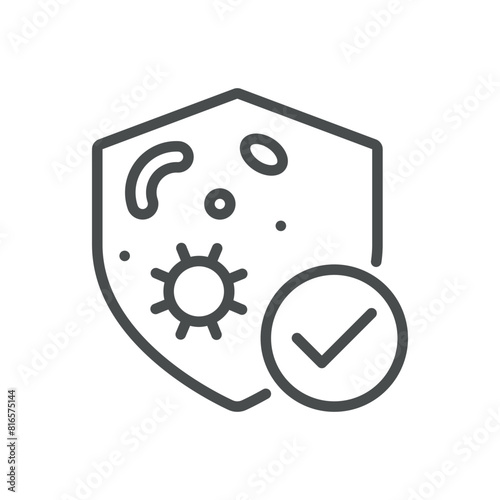Good Hygiene Icon. Vector Line Illustration of Shield with Germs and Check Mark, Representing Effective Hygiene Practices. Isolated Outline Medical Sign.