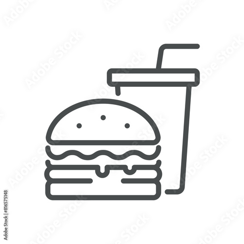 Fast Food Unhealthy Diet Icon. Vector Linear Illustration of Burger and Soda, Representing Poor Dietary Choices and Health Risks. Isolated Outline Sign.