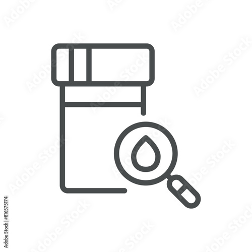 Hematuria Icon. Vector Illustration of Urine Sample with Blood Drop and Magnifying Glass, Representing Presence of Blood in Urine. Isolated Outline Medical Sign.