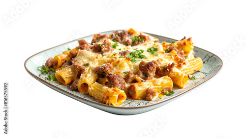 Delicious pasta food. Baked Rigatoni with sausage and chesee isolated on white background photo