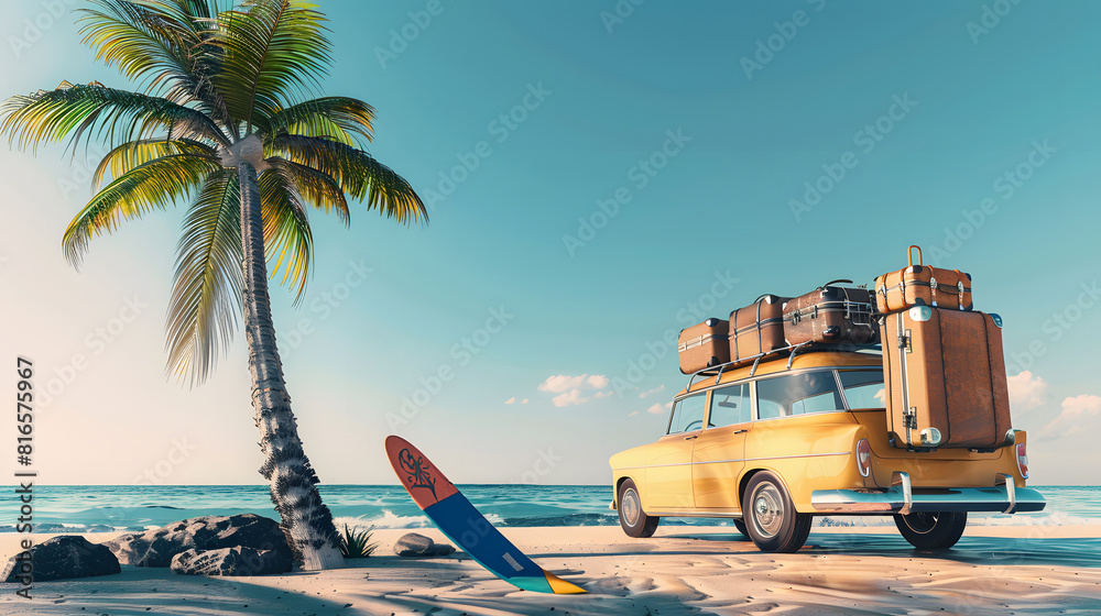 Vintage car with luggage and surfboard on the beach, palm tree, blue ...