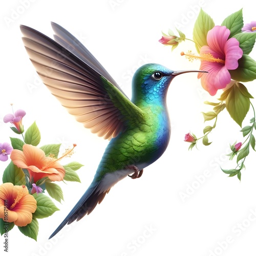 Hummingbird flying and feeding on a flower. Small colorful bird in flight.         Colibr                               Kolibri  Beija-flor                  Colibri                                         See Less 
