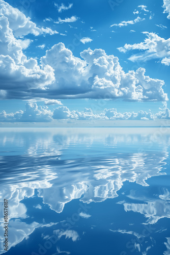 Serene landscape with fluffy clouds reflecting perfectly in a calm expansive water body.