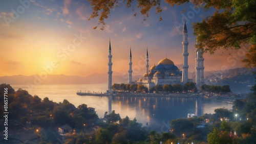 Hagia Sophia Mosque on a remote island with a beautiful sunset sky