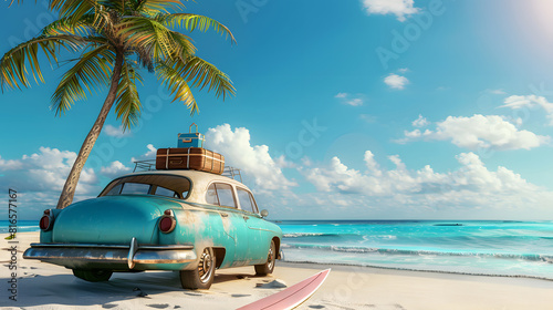 Vintage car with luggage and surfboard on the beach, palm tree, blue sky. Summer vacation concept