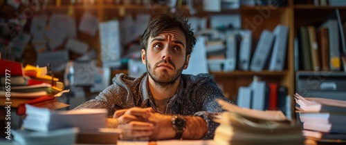 Overwhelmed Professional  Stressed Man Sitting at Messy Desk Filled with Papers