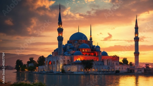 Hagia Sophia Mosque on a remote island with a beautiful sunset sky