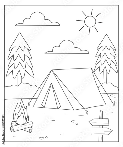 Camping coloring page for kids, Camping black and white, summer activities for kids, Camping worksheet 