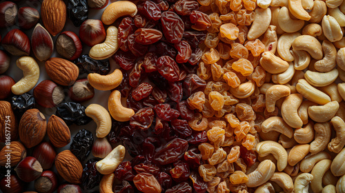 Different nuts and dried berries closeup