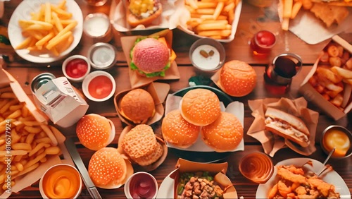 A lot of fast food. Junk food. From crispy fries to juicy burgers