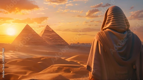 Pharaoh looks at the Landscape with ancient Egyptian pyramids, a beautiful sky photo