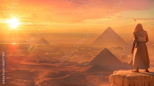 Pharaoh looks at the Landscape with ancient Egyptian pyramids, a beautiful sky