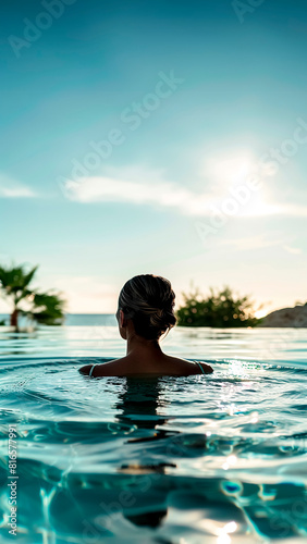 Woman in Infinity Edge Pool. Luxury Leisure  Tranquil Relaxation  Exotic Vacation.