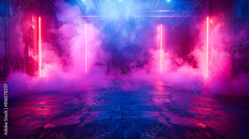 Empty Stage with Neon Lights and Smoke 