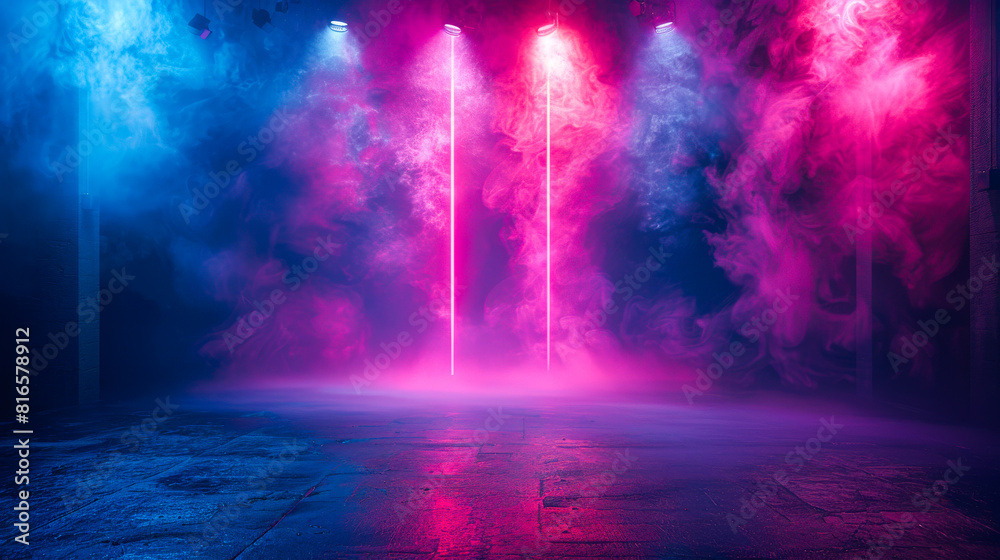 Asphalt Floor Stage with Neon Lights and Floating Smoke
